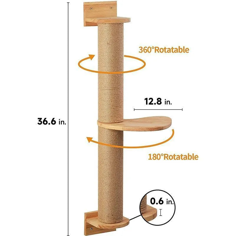 Wooden wall-mounted cat climbing frame with flax rope scratching posts and jumping platform