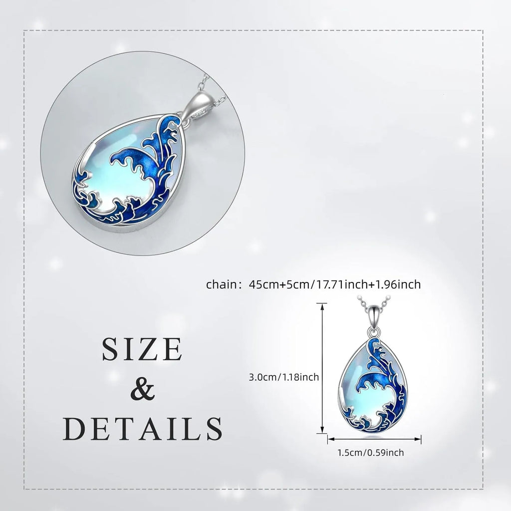 Moonstone blue heart pendant necklace with alloy chain on display