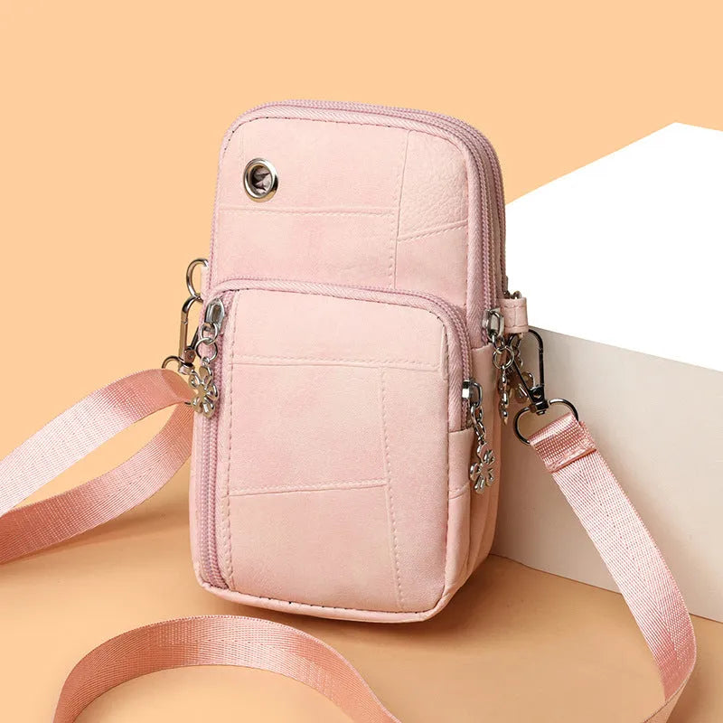 Vertical square mini crossbody phone bag in PU leather, shown in available colours.