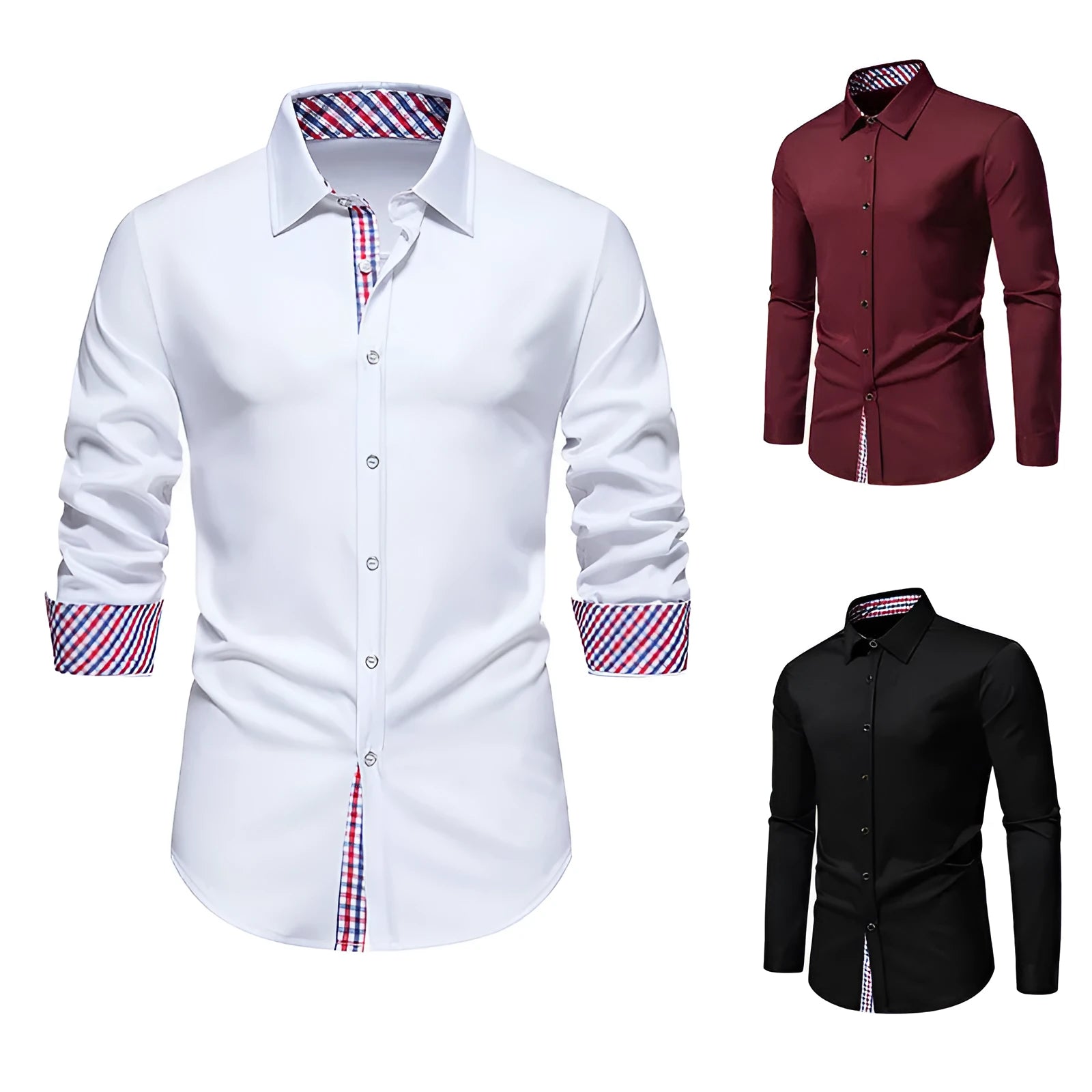 Men's loose fit plaid stitching casual long-sleeved shirt in chemical fibre blend fabric