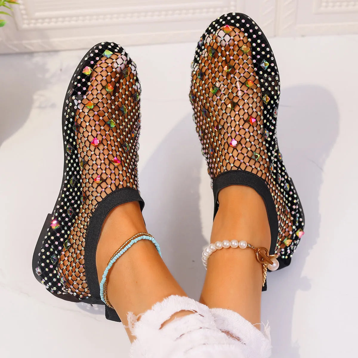 Women's colourful rhinestone mesh flat sandals with round toes and rubber soles