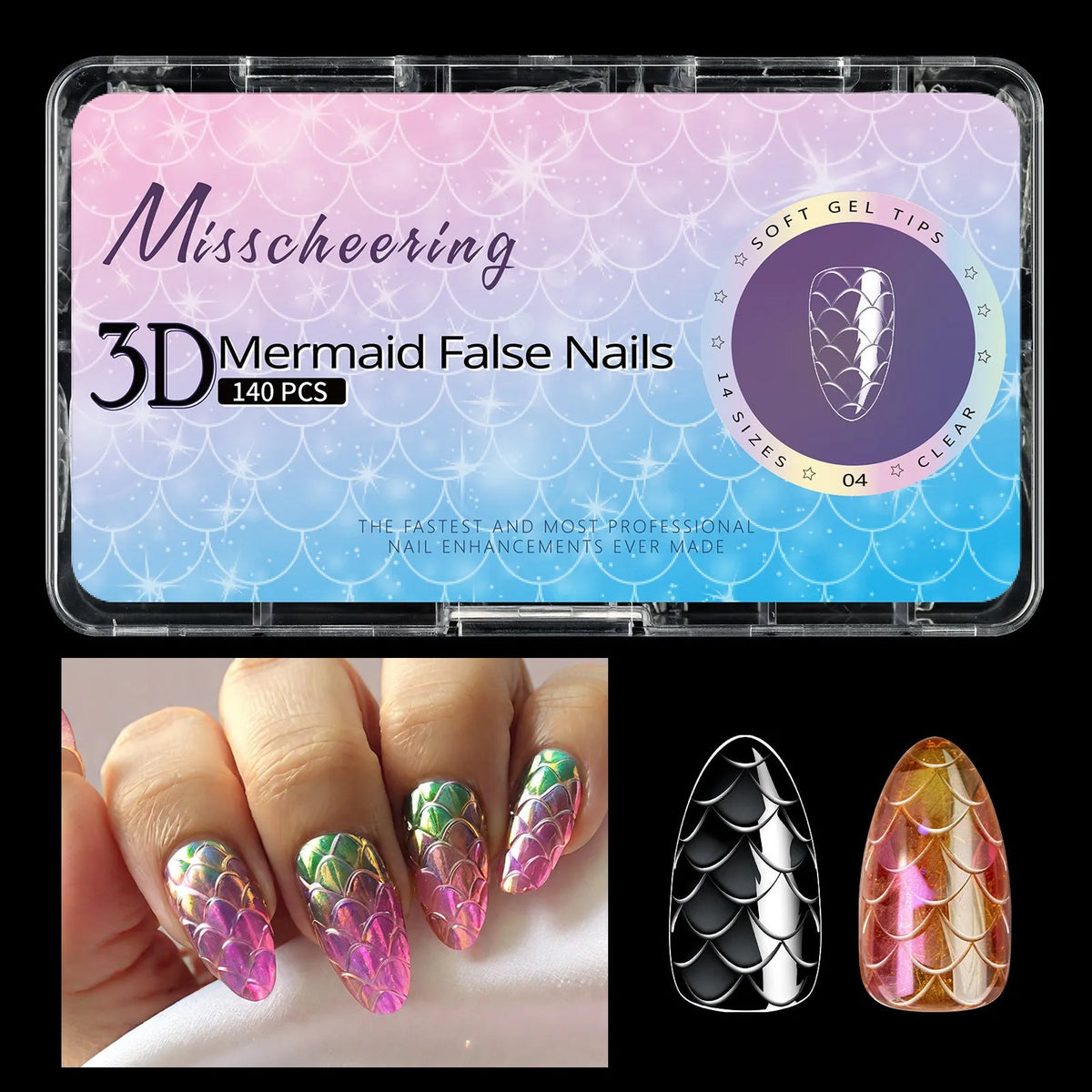 3D scale long shaping nail tips in multiple colour sets for professional nail extensions