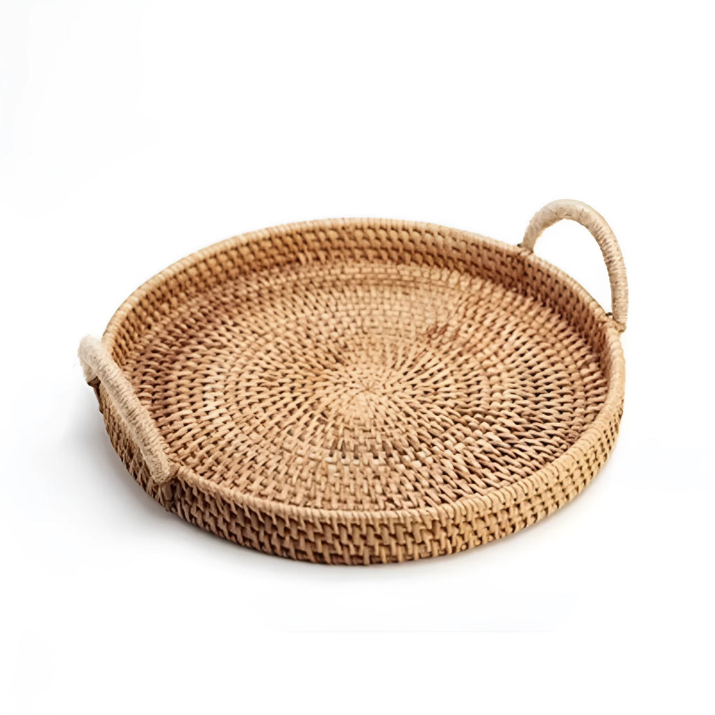 Handwoven round rattan basket with wooden handle in three size options for home storage