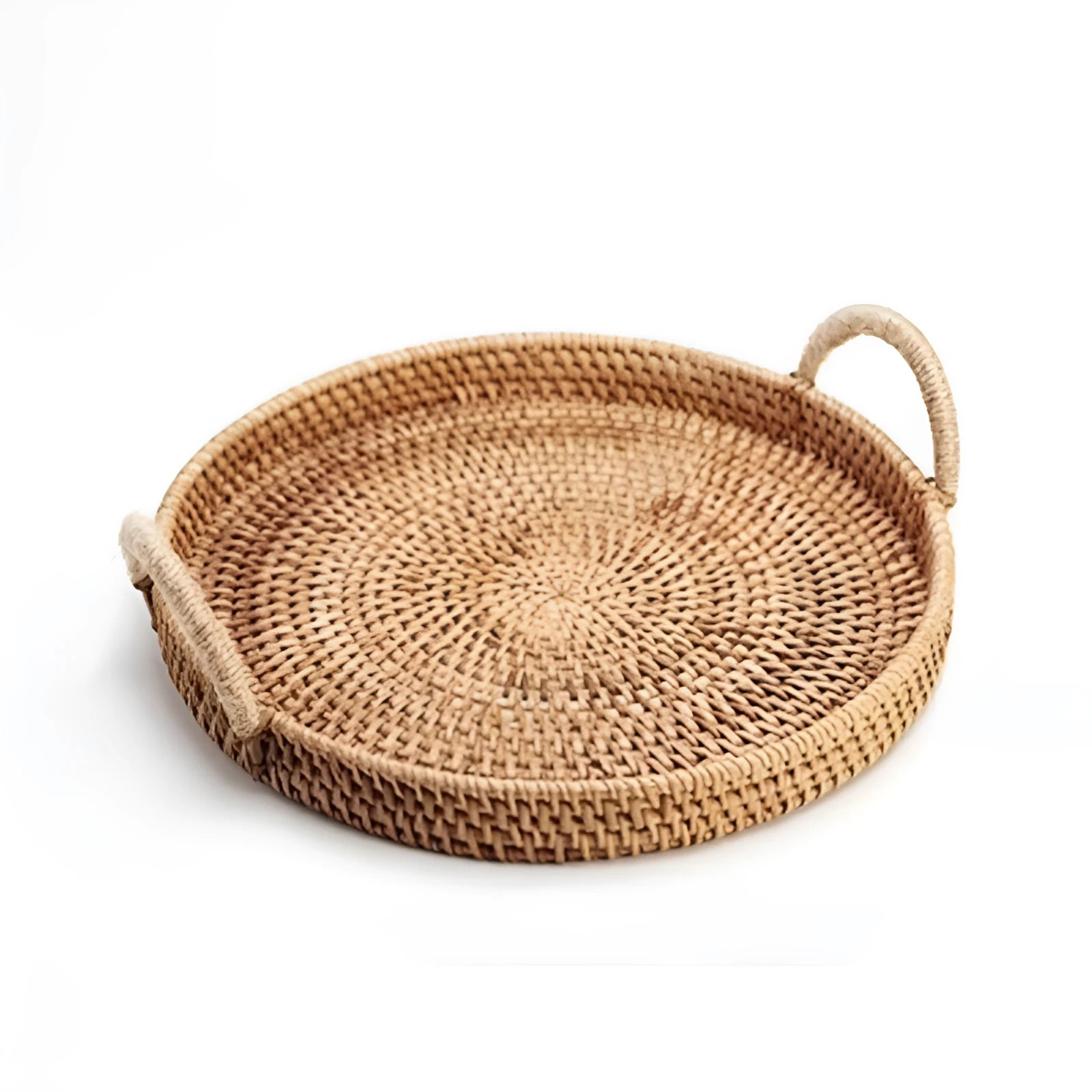 Handwoven round rattan basket with wooden handle in three size options for home storage
