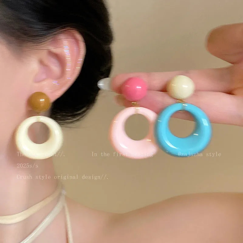 Geometric exaggerated earrings in mixed materials with electroplated finish, seaside vacation Korean style, unisex design