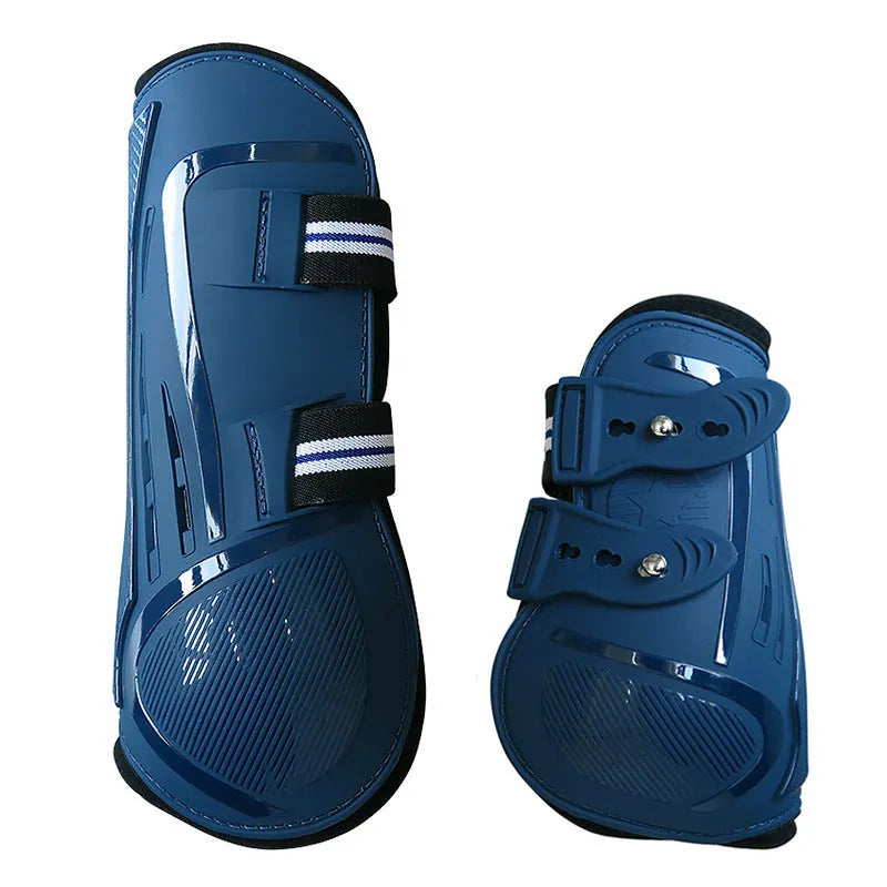 Horse leg guards with PU hard shell, elastic neoprene fit, and ventilation air holes in multiple colour options