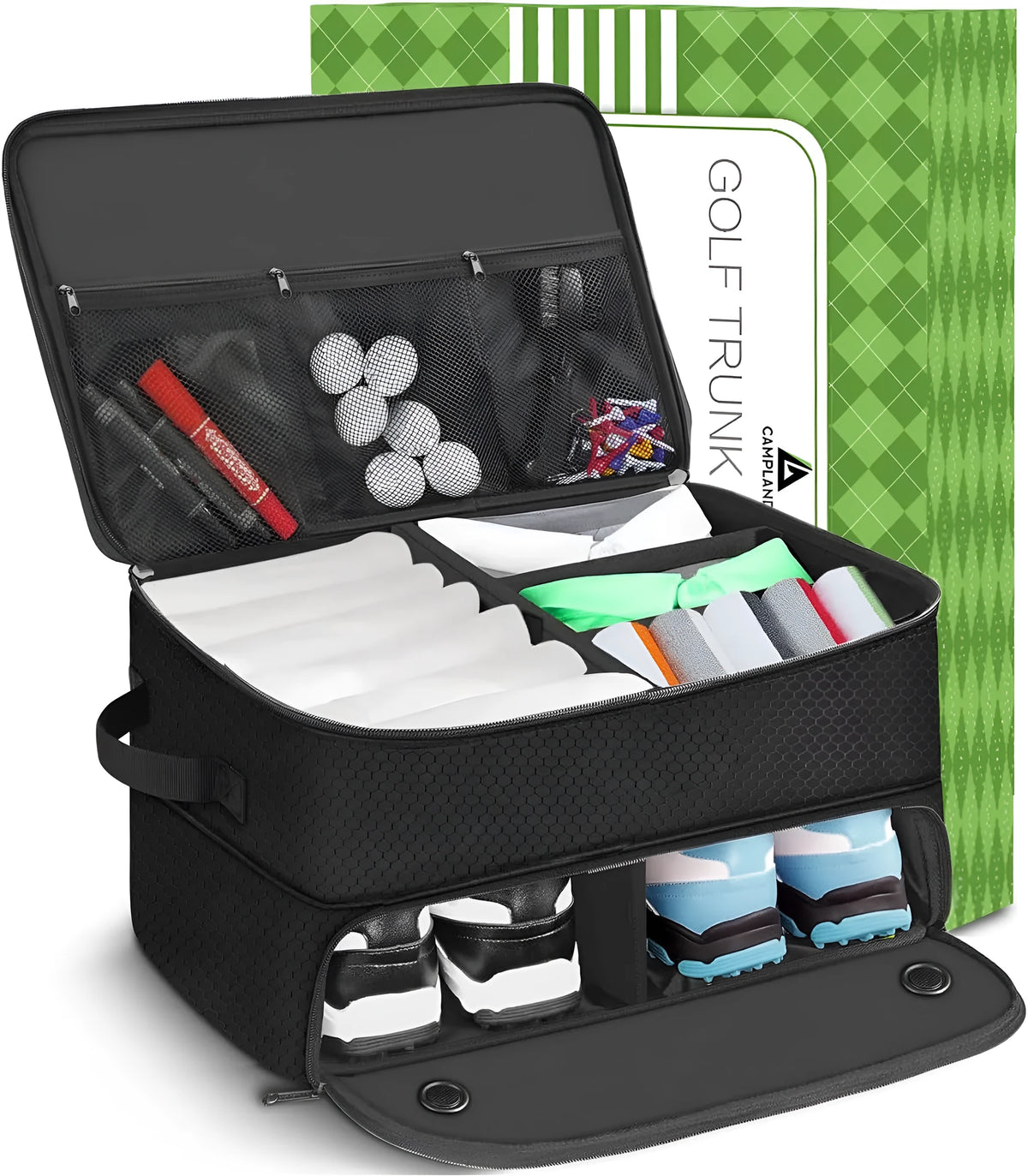 Black polyester cube-shaped waterproof golf trunk storage box with sealed closure