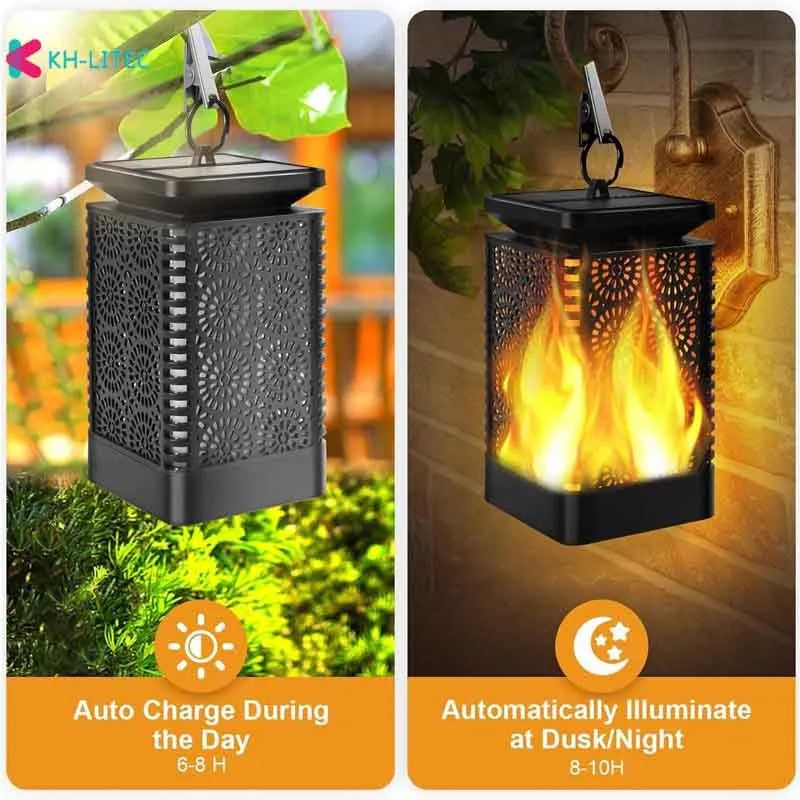 Four black solar-powered hanging torch lights with flame-effect LEDs for outdoor garden decoration.