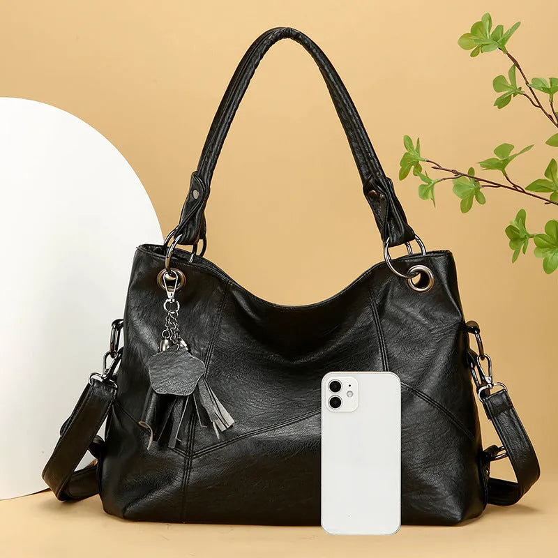 Retro large capacity soft PU stitching handbag in black with horizontal square shape and sandwich pocket
