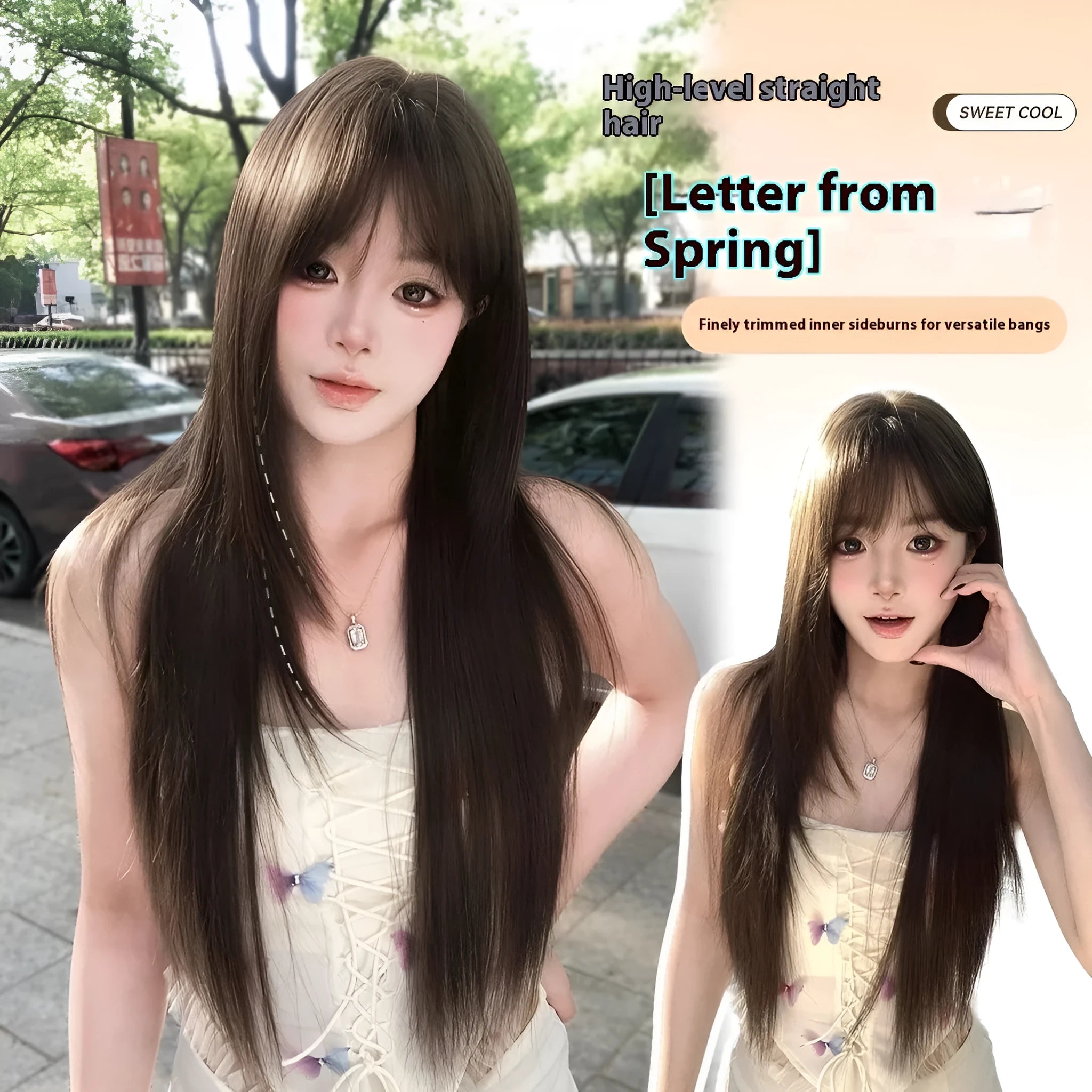 Brown-black high-temperature fibre ladies wig with head cover on display