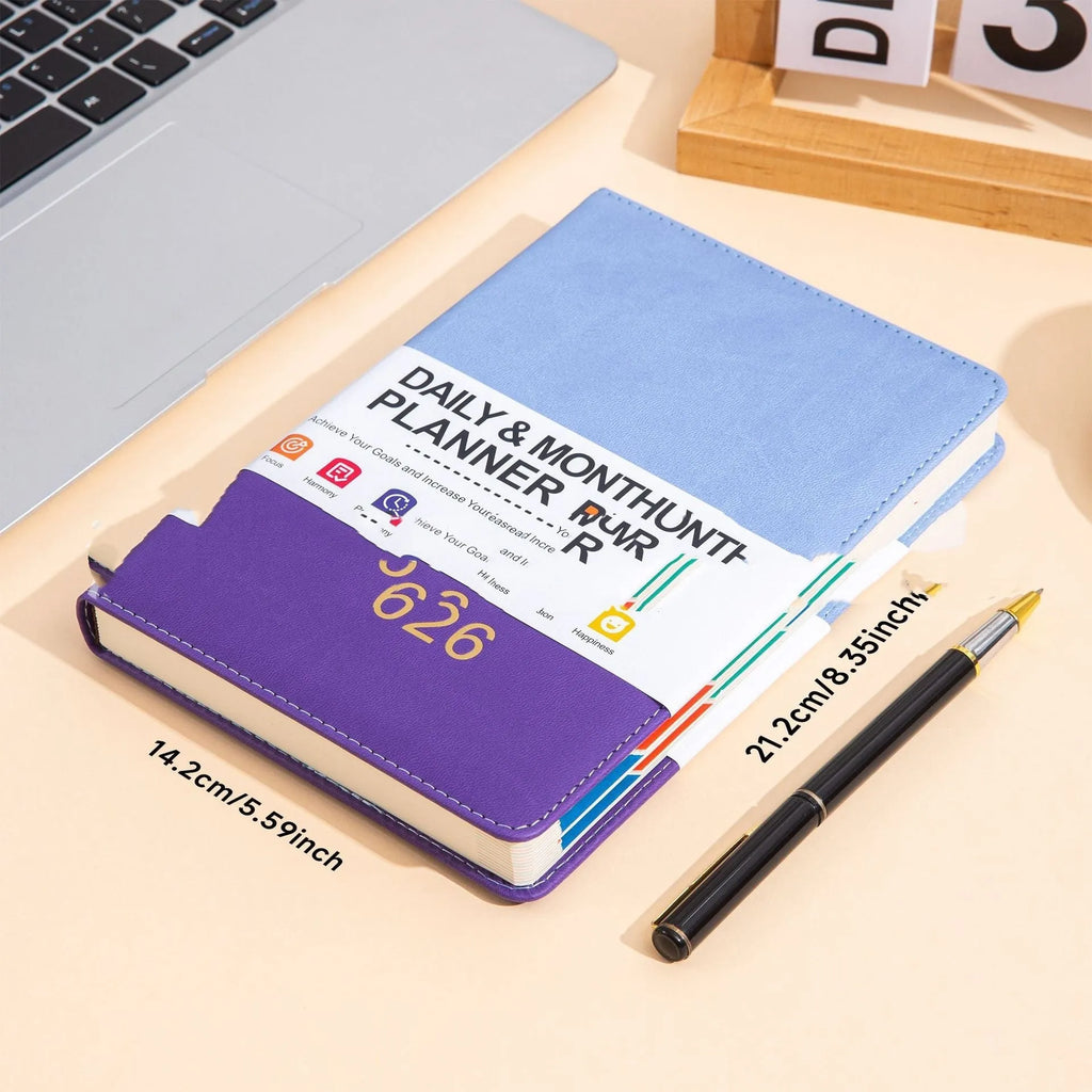 A5 English schedule book with waist seal, imitation leather cover, open to daily page