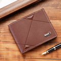 Men's black three-fold PU leather wallet open to show multiple short card slots.
