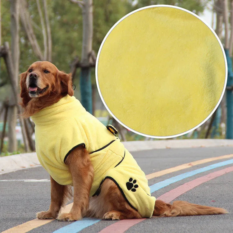Yellow coral fleece pet pajamas with embroidered bathrobe design on a light background