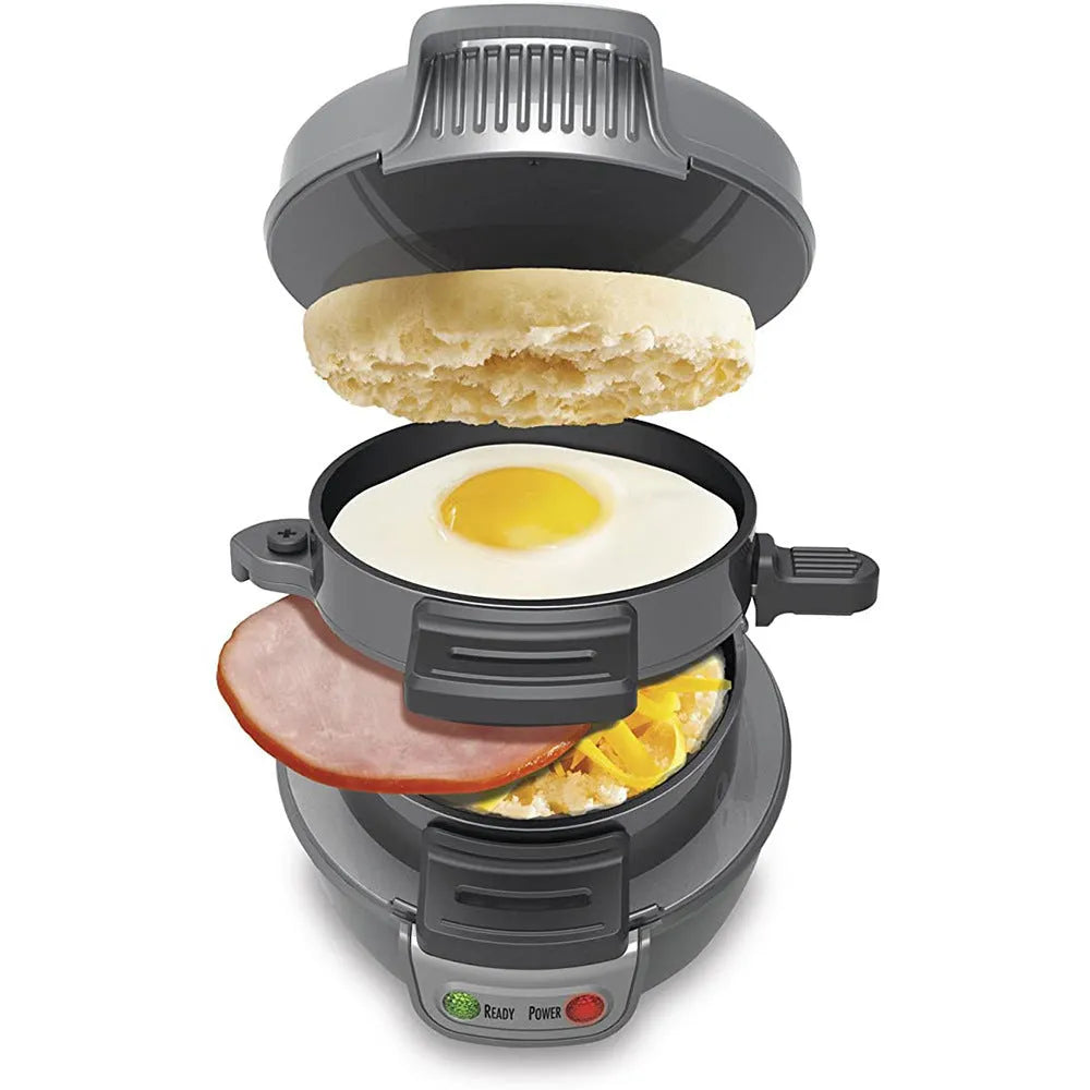 Household breakfast machine in bright red with sandwich maker and egg cooker functions