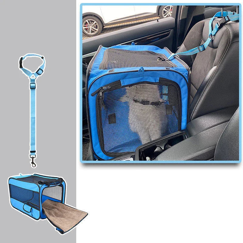 Plush pet travel carrier in various colors with safety features like seatbelt straps and a removable, washable pad