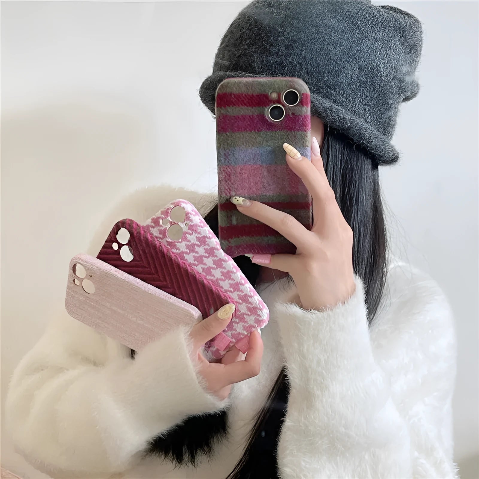Pink houndstooth patterned TPU drop-resistant phone case for iPhone models