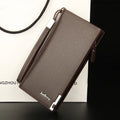 Men's black PU leather bifold wallet with zip compartment open showing card slots and note section