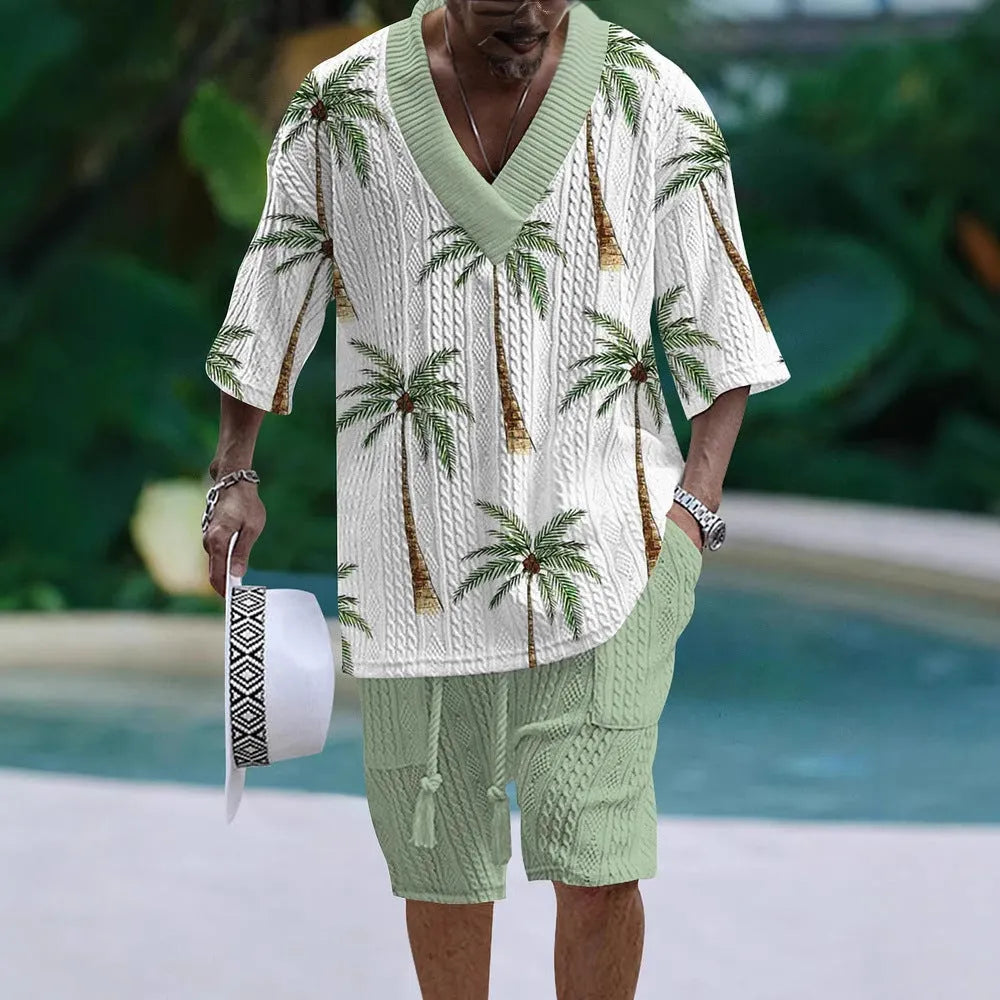 Loose casual short sleeve suit in polyester fabric with coordinating top and shorts
