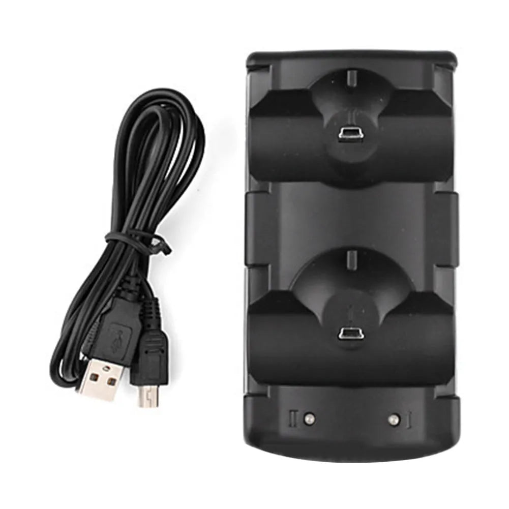 Black PS3 dual controller charging stand with two controller slots and USB connection