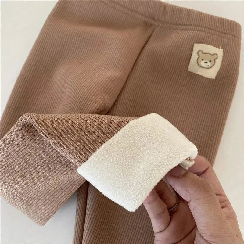 Girls' fleece-lined high-waist leggings in beige, black, brown and grey colours with wool lining