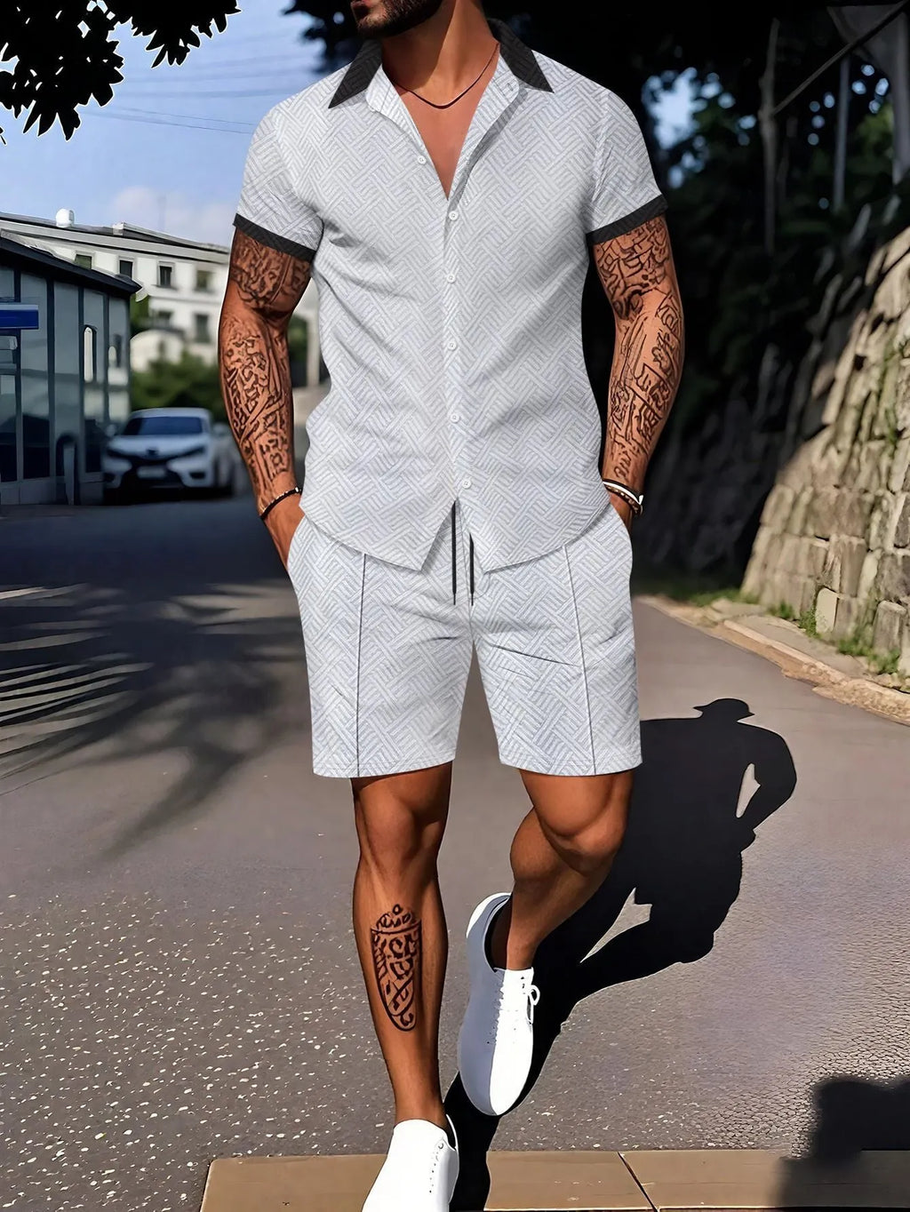 Men's digital print short sleeve casual suit set with matching shorts on a neutral background