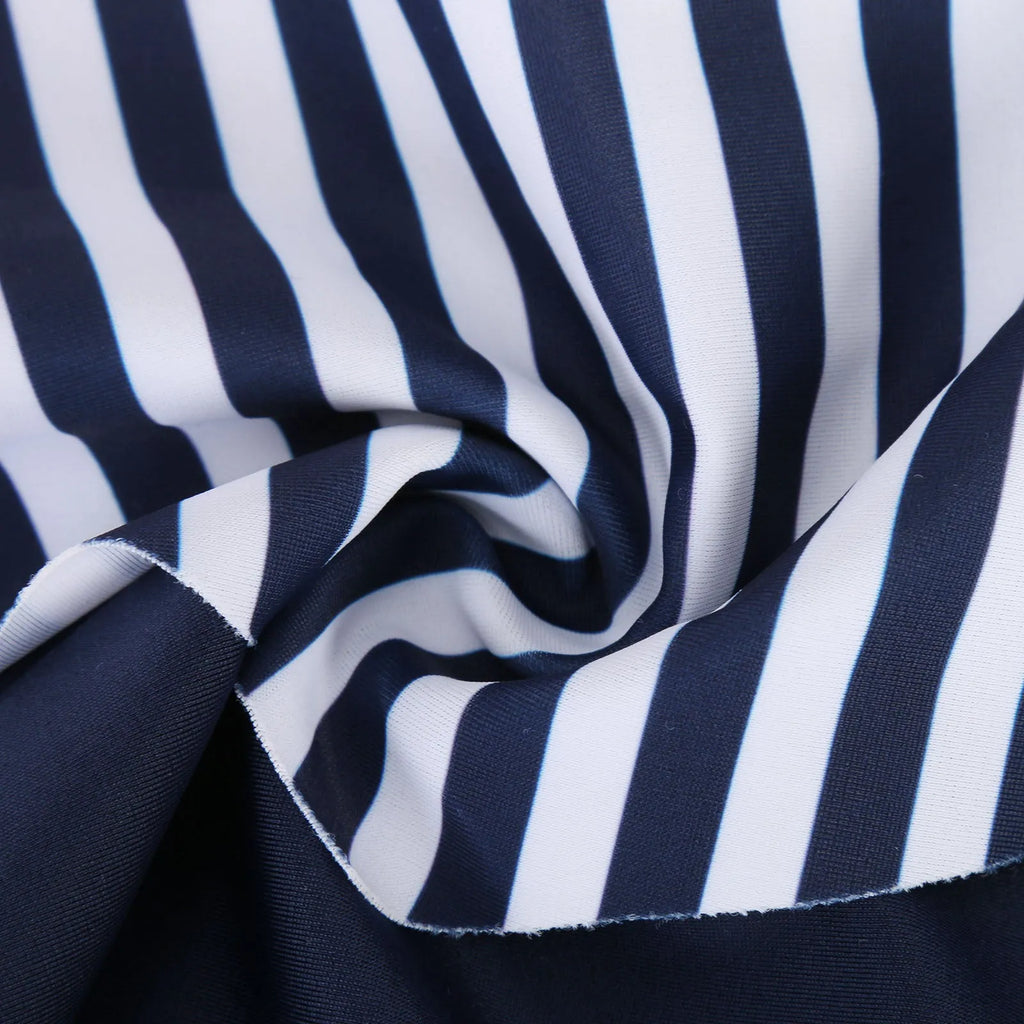Conservative stripe swimsuit with boyshorts split leg design showing modest swimwear coverage