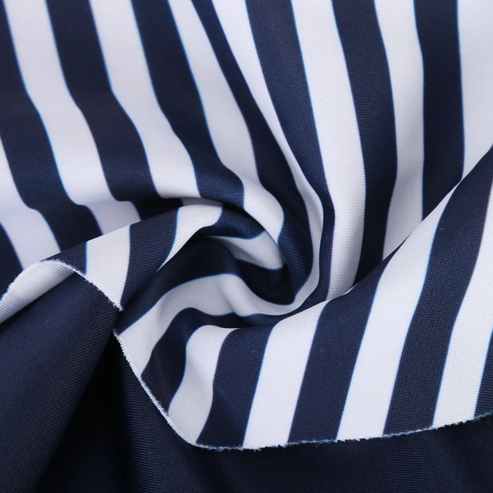 Conservative stripe swimsuit with boyshorts split leg design showing modest swimwear coverage