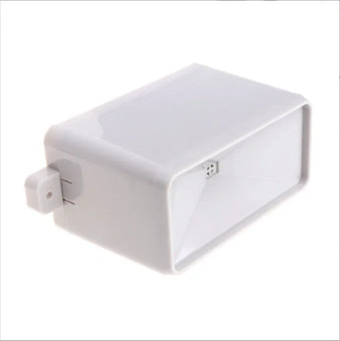 White and black plastic household rain gauge with electronic temperature and humidity meter, size 145x80mm, placed outdoors.