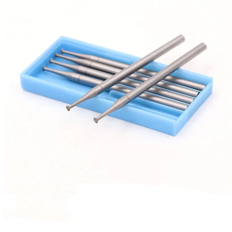 Blue box containing six thin disc needle tungsten steel carving cutters on 2.35mm mandrels, sizes 1.0mm to 2.0mm.