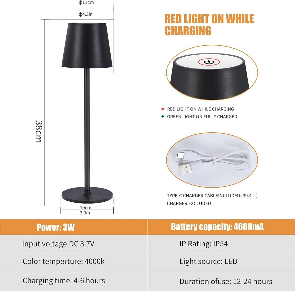 Cordless rechargeable waterproof table lamp 10x38cm available in five colours