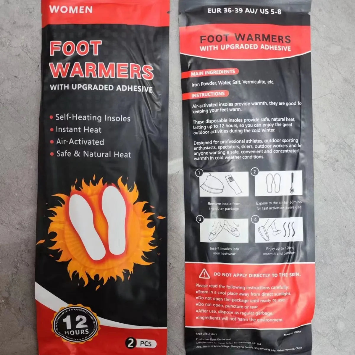 Self-heating walkable insoles for women's 36-39 and men's 40-43, available in 1 or 15 pairs.