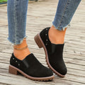 Plus size suede ankle boots with low chunky heel under 3cm, elastic band and metal detail in black or light brown