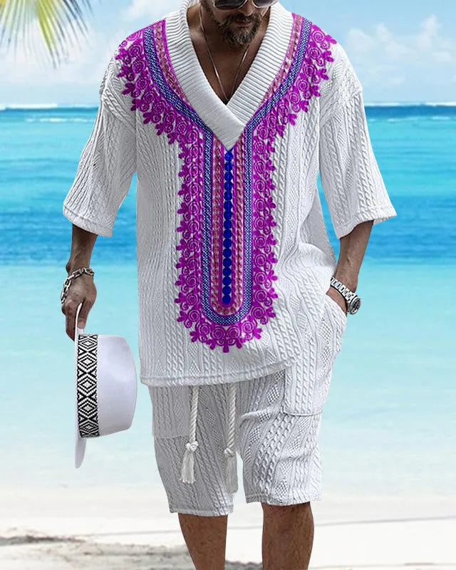 Men's printed drop-shoulder knitted short-sleeved top with matching shorts in chemical fibre blend fabric