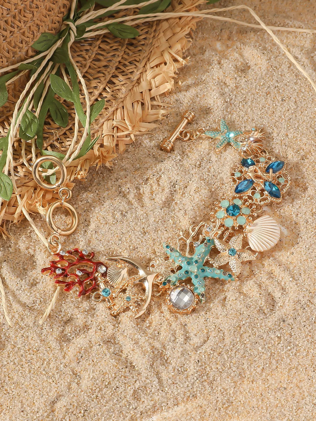 Alloy marine shell boat anchor rhinestone bracelet with starfish design in turquoise colour