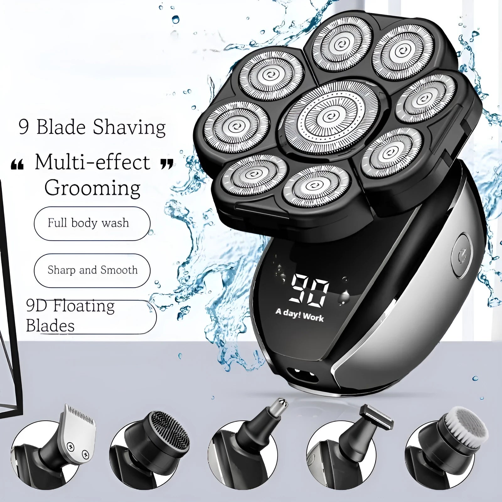 Black rechargeable 6-in-1 haircut kit with clipper, shaver, nose trimmer, and attachments on a USB cable.