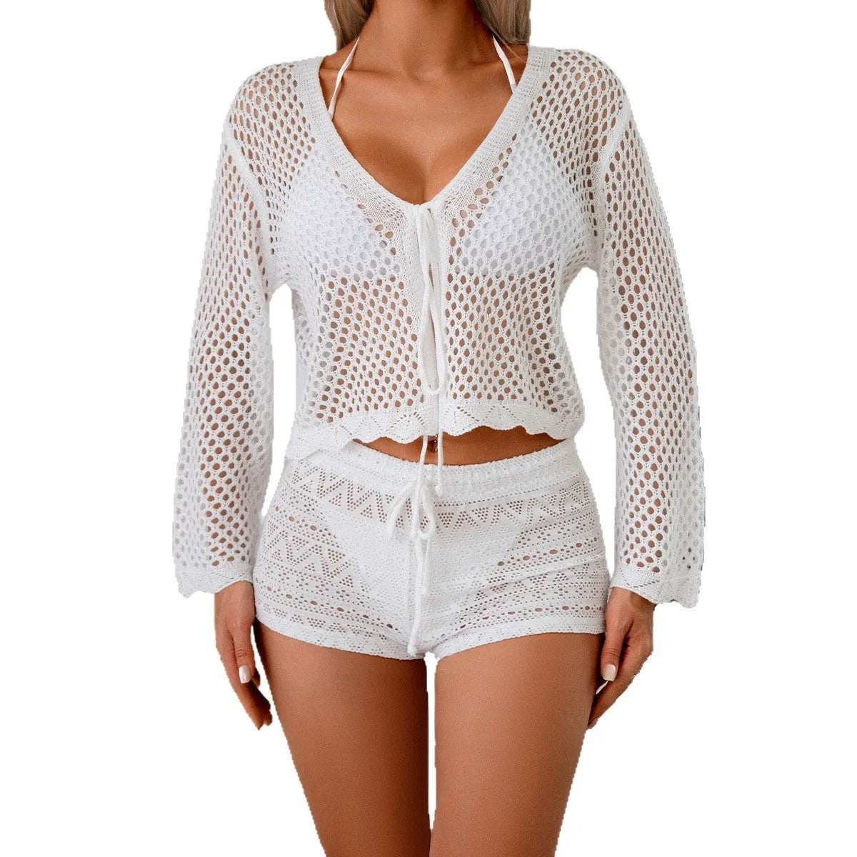 Women's cardigan blouse with hollow woven fabric and bell sleeves in solid colour
