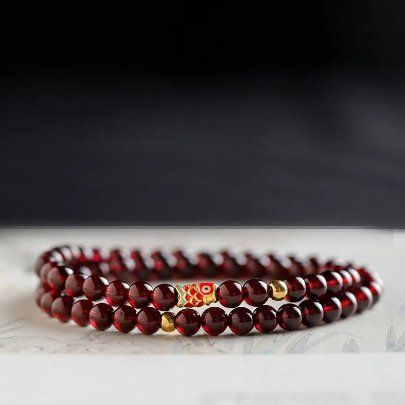 Retro wine red glass bead bracelet for women with garnet colour and new Chinese style design