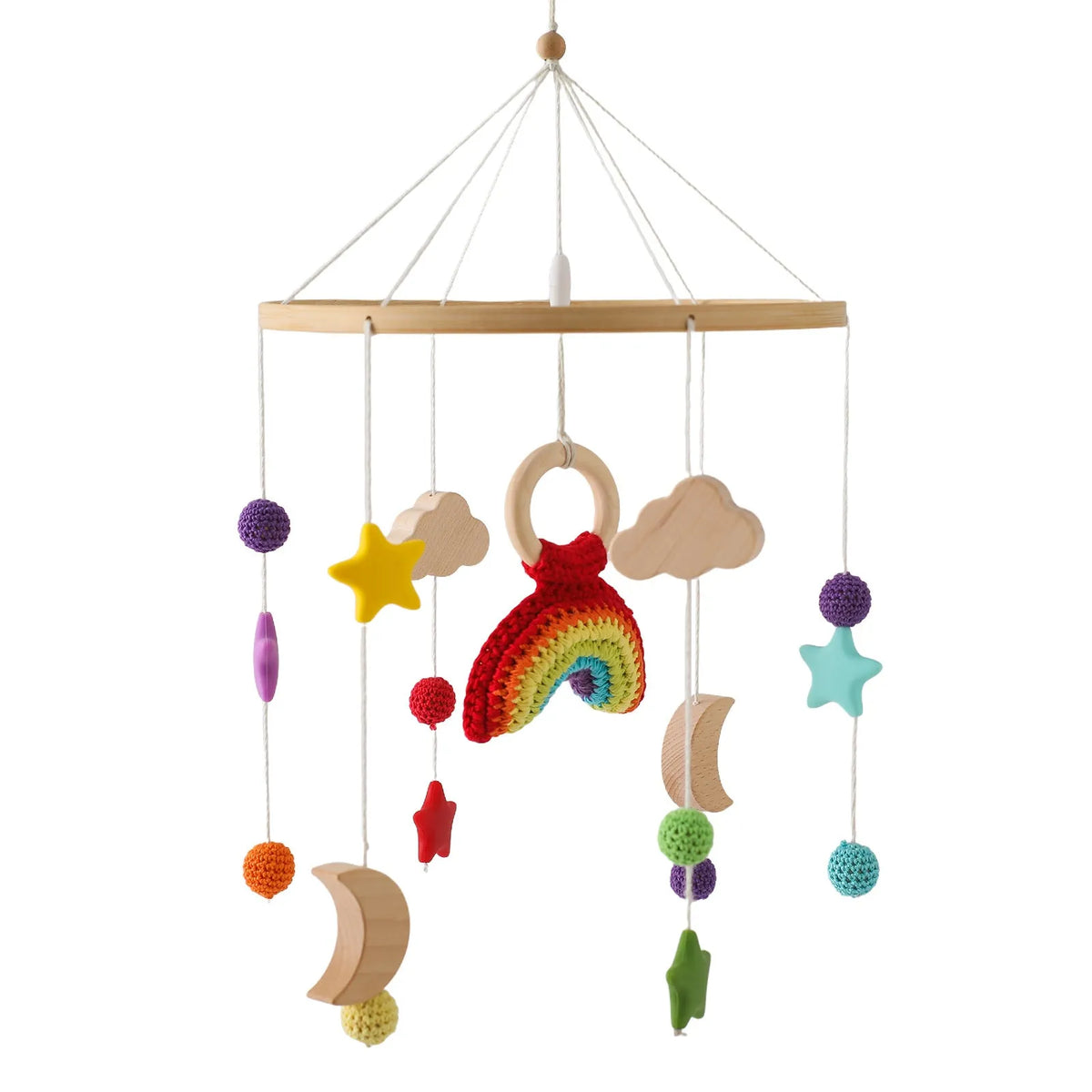 Wooden baby car hanging wind chime with crochet bed bell in moon, rainbow, sun or rocket options