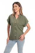 Women's stand collar button summer top in loose fit with short raglan sleeves