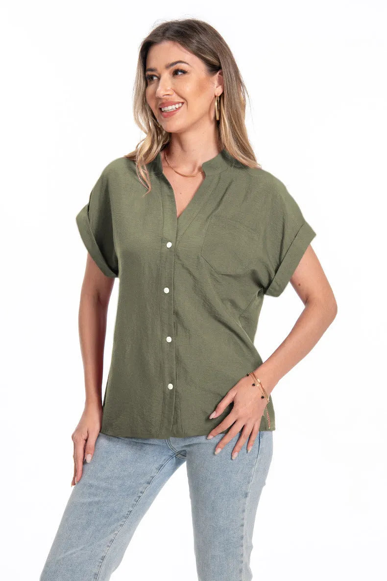 Women's stand collar button summer top in loose fit with short raglan sleeves