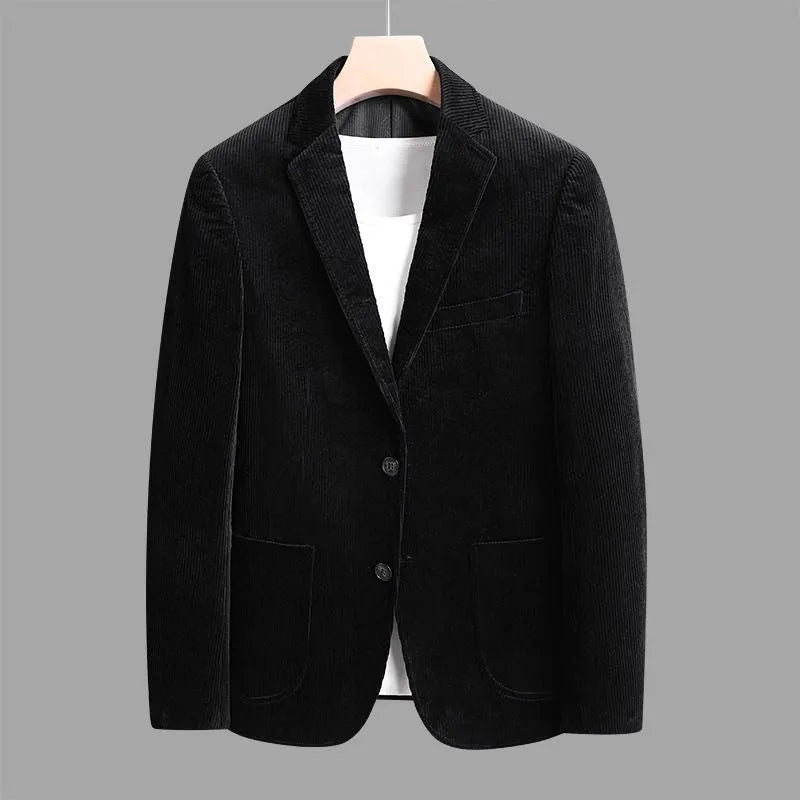 Men's thickened corduroy casual jacket in black, long sleeve, regular length, polyester lining