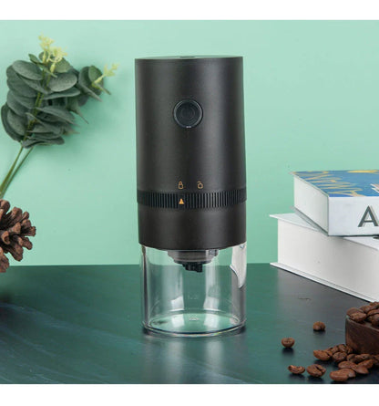 Portable USB-C powered electric coffee grinder with adjustable ceramic burr mechanism for freshly ground coffee