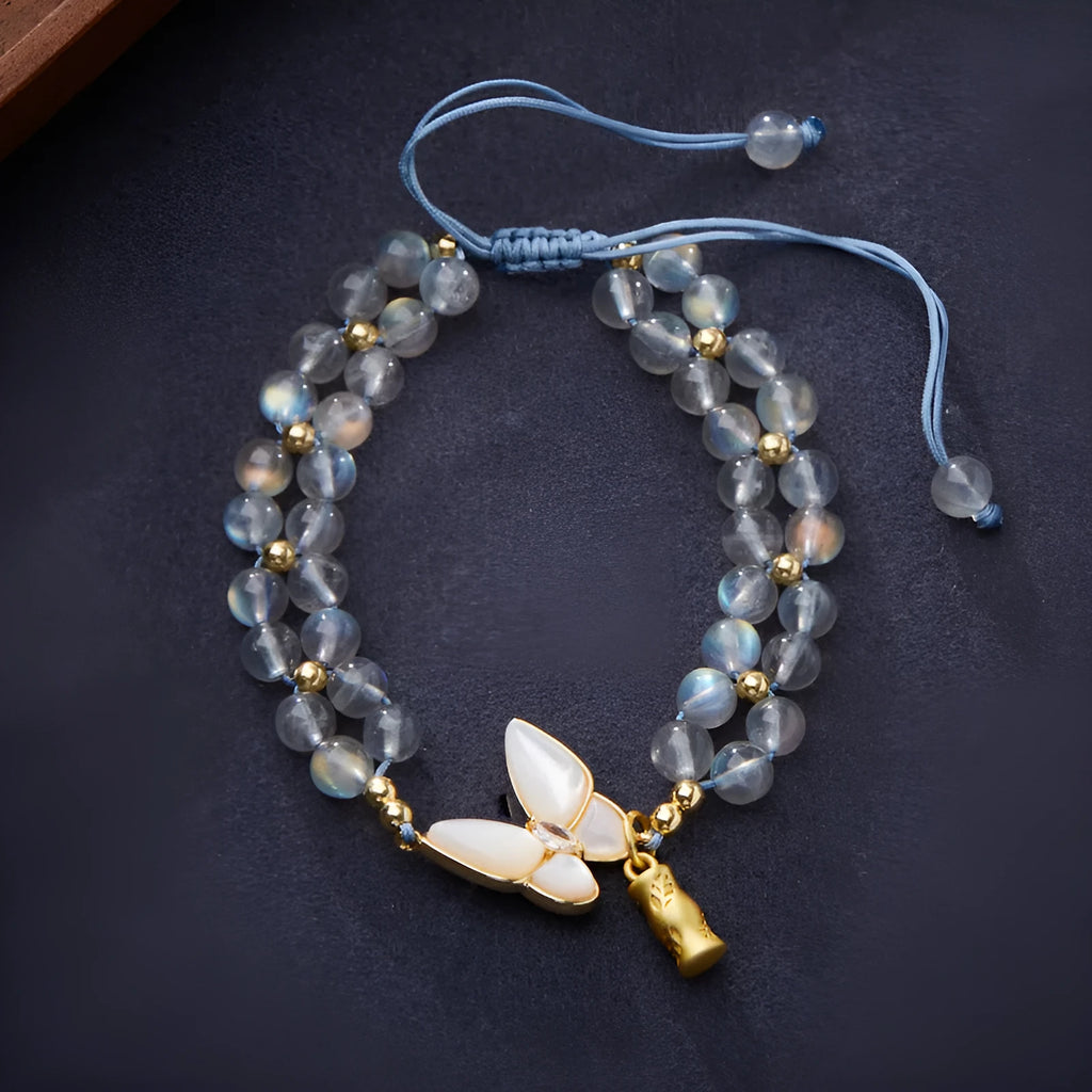 Grey moonstone woven bracelet with butterfly knots and geometric retro design