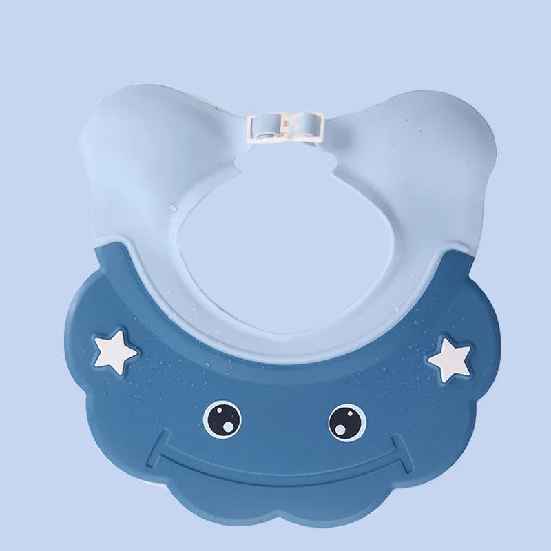 Adjustable plastic baby shower cap protector in blue, orange blue, and purple pink colours for hair washing