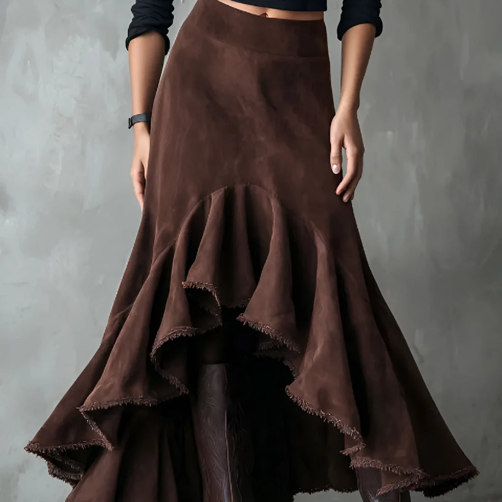 Western brown women's maxi skirt with high-low hem and ruffle trim on eco suede polyester fabric.