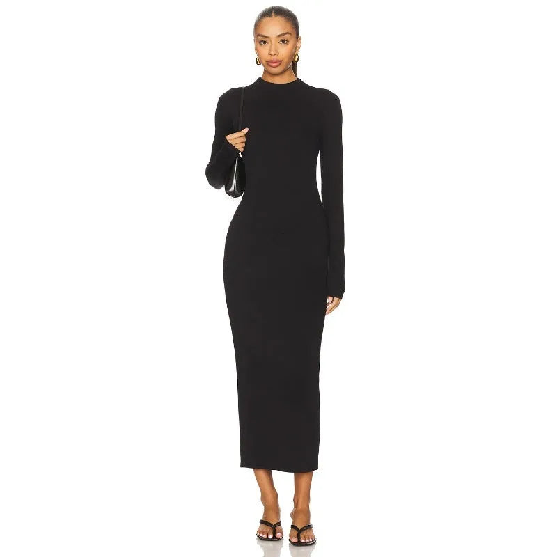 Black long sleeve high-waist long skirt dress polyester pullover style women casual wear