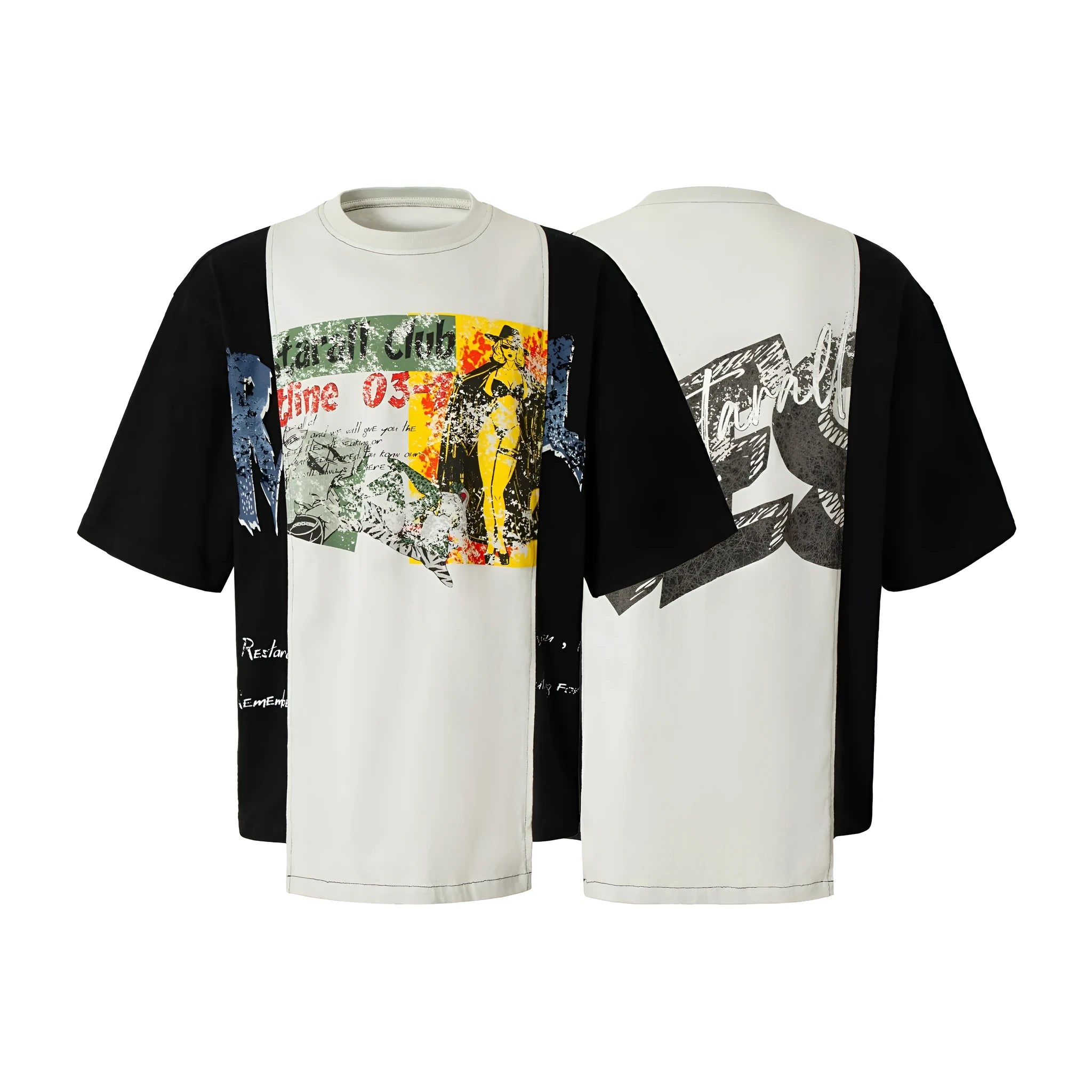 Men's black and white deconstruction print cotton blend t-shirt with short sleeves and loose fit.