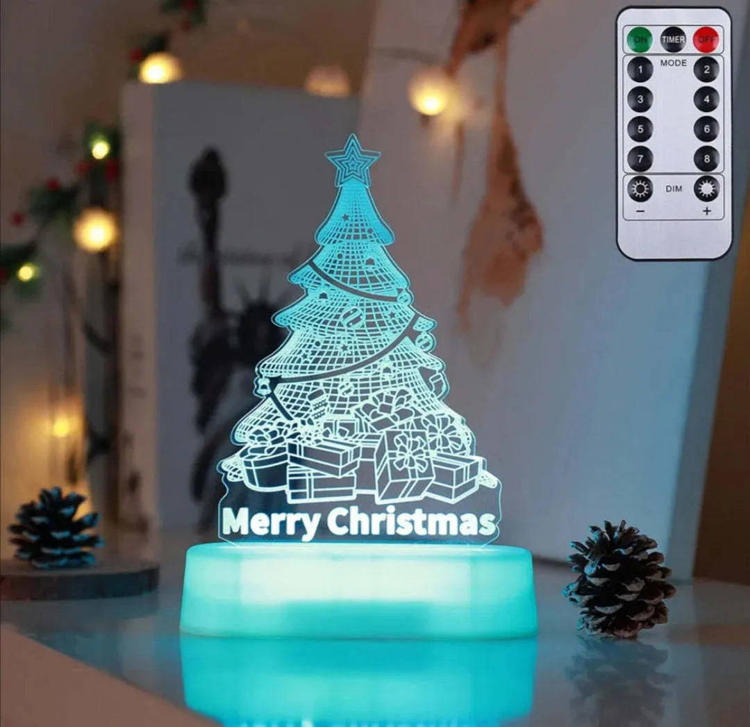 3D acrylic LED decorative lamp with Christmas tree design glowing with warm white light