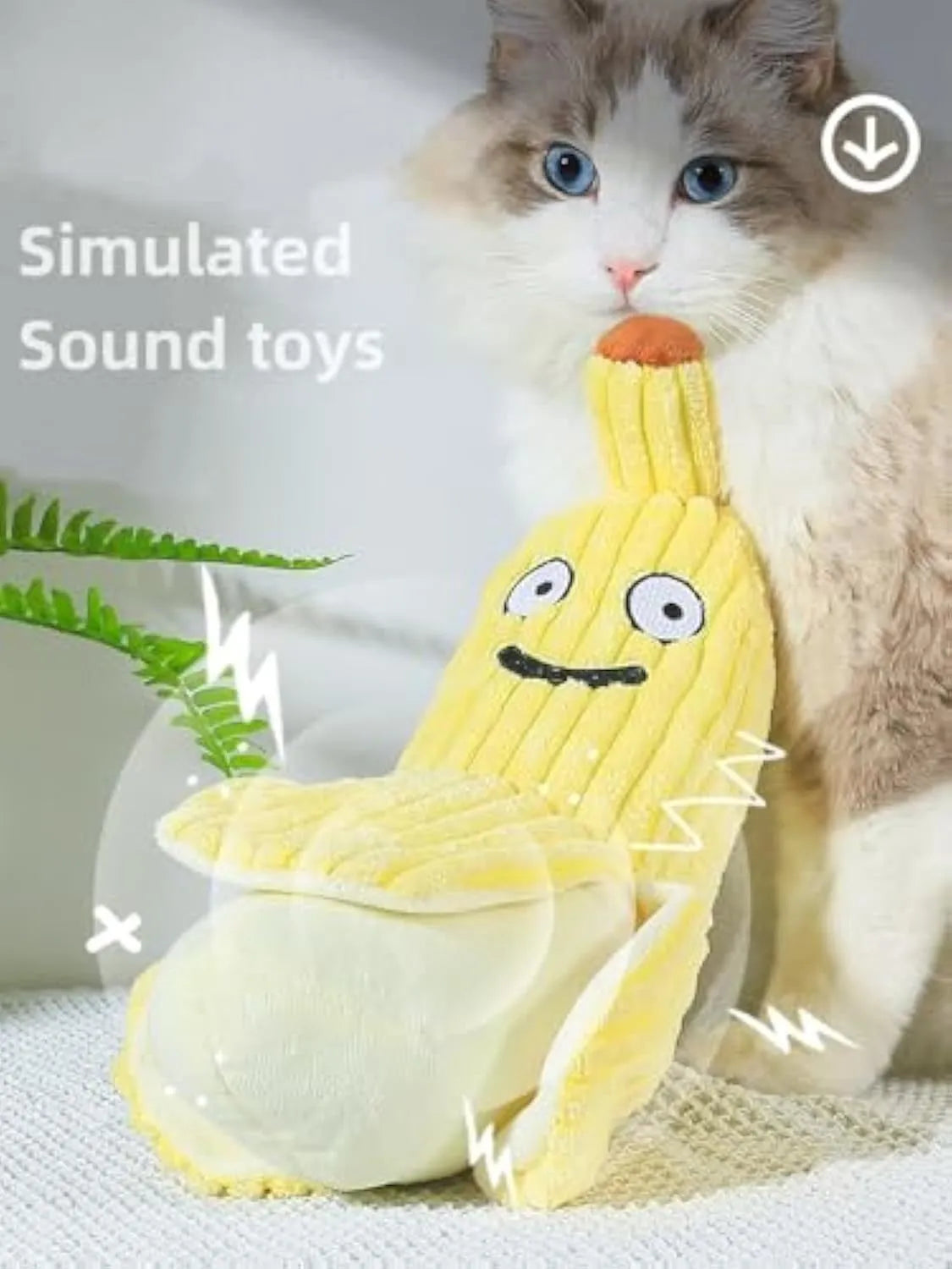 Yellow banana-shaped cat toy with plush fabric and crinkle paper sounds for indoor feline exercise