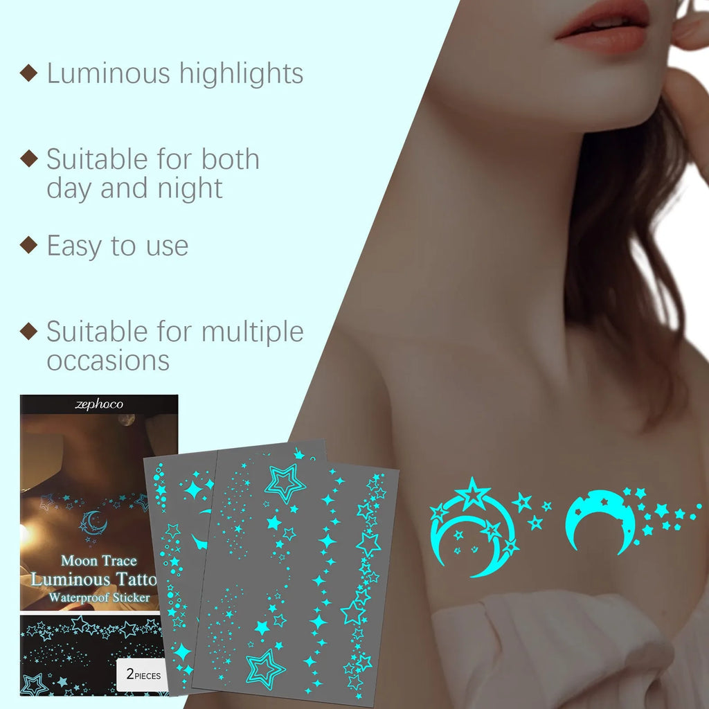 Luminous tattoo stickers set with two glow-in-the-dark designs and tattoo paste tube